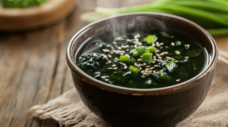 A steaming bowl of fresh seaweed soup garnished with green onions and sesame seeds, perfect for a healthy meal. Ideal for culinary and food photography.の素材