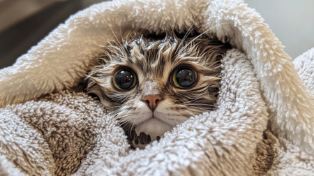 A charming close-up of a cat with large eyes, wrapped snugly in a soft blanket. This image captures the essence of warmth, comfort, and cuteness in a cozy indoor setting.の素材