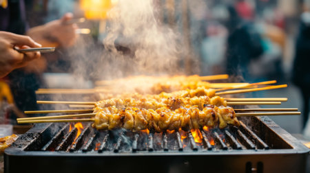 Sizzling skewers grilled over charcoal in a busy street market, creating an enticing aroma and a vibrant outdoor dining experience. Perfect for food lovers.の素材
