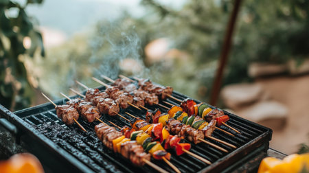 Enjoy a vibrant display of grilled skewers featuring juicy meat and fresh vegetables. Perfect for summer gatherings and outdoor cooking adventures.の素材