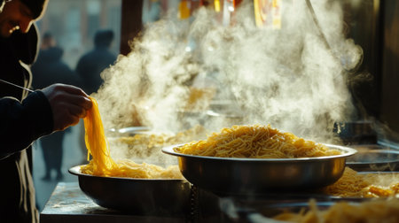 A street food vendor prepares steaming noodles at a bustling market, showcasing the vibrant culinary culture and delicious aromas of outdoor dining.の素材