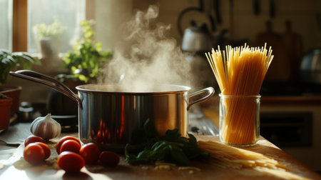 A warm kitchen scene featuring a pot of steaming pasta surrounded by fresh ingredients like tomatoes, garlic, and basil, perfect for home cooking.の素材