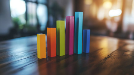 A vibrant collection of colorful bars represents a bar graph on a wooden table, symbolizing data analysis and business growth concepts in a creative way.の素材