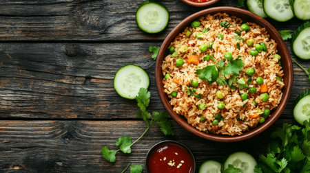 A vibrant bowl of vegetable rice surrounded by fresh cucumbers and herbs, perfect for showcasing healthy and colorful meal ideas in a rustic setting.の素材