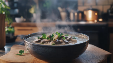 A steaming bowl of fresh mushroom soup garnished with herbs, set in a cozy kitchen. This inviting image captures the essence of home cooking and comfort food.の素材