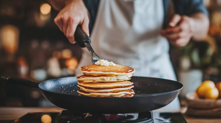 A chef skillfully flips a stack of fluffy pancakes in a cozy kitchen. The scene captures the warmth and deliciousness of homemade breakfast delights.の素材