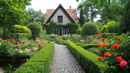 A picturesque garden pathway lined with vibrant flowers leads to a charming house. This serene outdoor setting is perfect for capturing natural beauty and tranquility.の素材