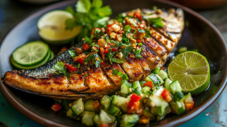 A beautifully presented grilled fish topped with fresh salsa and lime slices, perfect for a healthy meal. Ideal for summer dishes and culinary inspiration.の素材