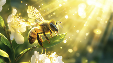 A close-up view of a bee sitting on a flower, illuminated by soft golden sunlight. The image captures the beauty of nature and the importance of pollination in a vibrant outdoor setting.の素材
