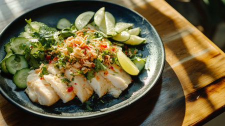 A beautifully presented fish dish garnished with fresh herbs, lime wedges, and cucumber slices. Ideal for a healthy meal or dining occasion.の素材