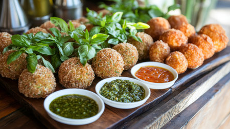 A vibrant display of fried balls served with fresh basil and various sauces. Perfect for gatherings or as a tasty appetizer. Ideal for food enthusiasts.の素材