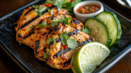 Delicious grilled chicken served with fresh vegetables, lime, and sauce. A perfect choice for a healthy meal or gourmet dining experience.の素材