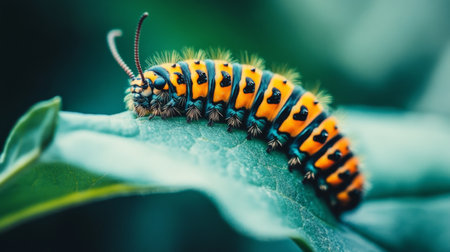 A stunning close-up of a colorful caterpillar resting on a green leaf. Its vibrant orange and blue body contrasts beautifully with the lush foliage, showcasing nature's artistry.の素材