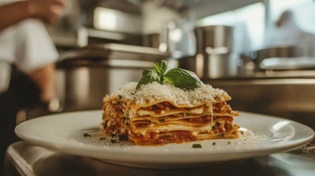 A delectable lasagna dish beautifully plated with fresh basil, showcasing layers of rich ingredients. Perfect for gourmet dining or home cooking.の素材