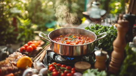 A pot of homemade vegetable soup simmers outdoors, surrounded by fresh ingredients and vibrant greens. Perfect for showcasing healthy cooking in nature.の素材