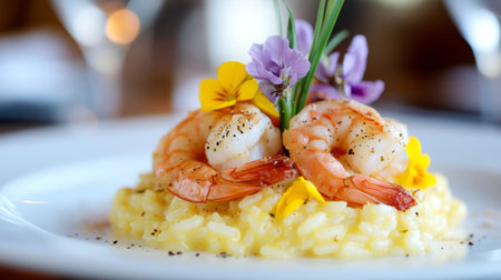 A beautifully plated shrimp risotto garnished with vibrant edible flowers, showcasing an exquisite dining experience full of flavor and creativity.の素材