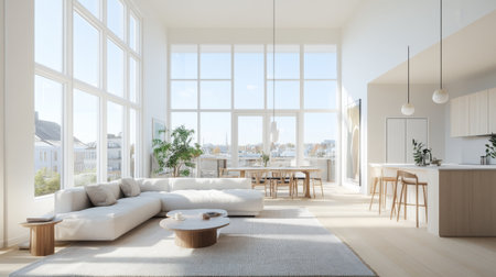 A bright contemporary living room featuring large windows that offer a stunning city view. Minimalist design with a cozy sofa and wooden furniture creates a serene atmosphere.の素材