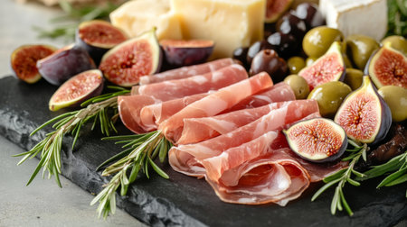 A vibrant and appealing charcuterie board featuring fresh figs, olives, cheese, and prosciutto, beautifully arranged on a slate platter for an upscale dining experience.の素材