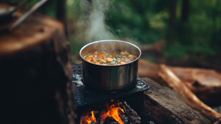A pot of soup simmers over a campfire in a serene forest. The steam rises, creating a cozy ambiance, perfect for outdoor adventures and culinary experiences.の素材