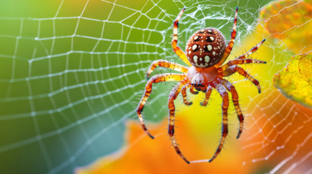 A vibrant spider delicately weaves its web against a backdrop of colorful autumn leaves, showcasing nature's intricate design and beauty.の素材