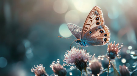 A close-up view of a beautiful butterfly perched on a dewy flower, captured in soft, natural light. The serene setting showcases vibrant colors and delicate details.の素材
