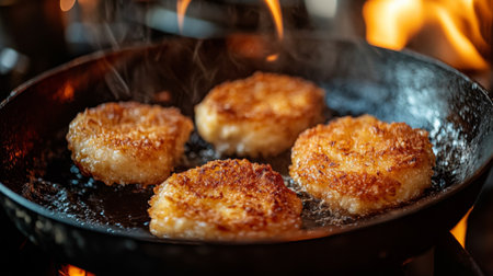Golden crispy potato cakes sizzle in a hot pan, showcasing delicious cooking techniques. Perfect for meal preparation or culinary inspiration.の素材