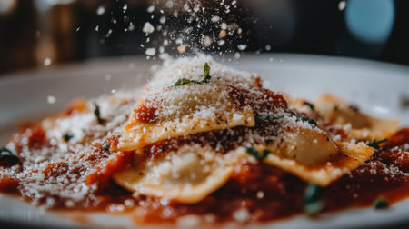 Close-up of delicious ravioli served with rich tomato sauce and topped with grated cheese, creating an appetizing and elegant dining experience.の素材