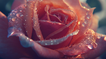 A stunning close-up of a pink rose adorned with glistening dew drops, capturing the delicate beauty of nature in vibrant detail. Perfect for floral themes.の素材