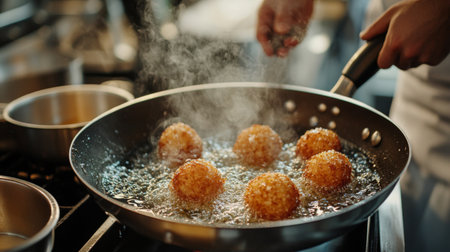 A chef expertly fries golden balls in a pan, creating a mouthwatering dish. Steam and bubbles rise as the food cooks, showcasing culinary skills.の素材