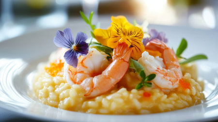 A stunning plate of shrimp risotto topped with vibrant edible flowers. This gourmet dish showcases seafood, creamy texture, and elegant presentation, perfect for dining occasions.の素材