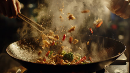 A dynamic scene of a chef preparing a flavorful stir-fry in a wok, with ingredients flying through the air amidst steam and smoke. Perfect for culinary themes.の素材