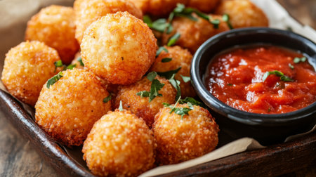 A mouthwatering platter of crispy fried balls served with a rich marinara sauce, perfect for appetizers or snacks at any gathering or restaurant setting.の素材