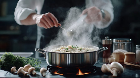 A chef skillfully prepares creamy risotto in a steaming pot. The vibrant ingredients and aromatic steam create a warm, inviting atmosphere in the kitchen.の素材