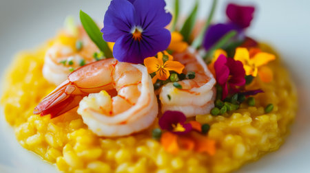 Fresh shrimp risotto elegantly garnished with vibrant edible flowers. This colorful dish blends gourmet cuisine with beautiful presentation, ideal for food photography.の素材