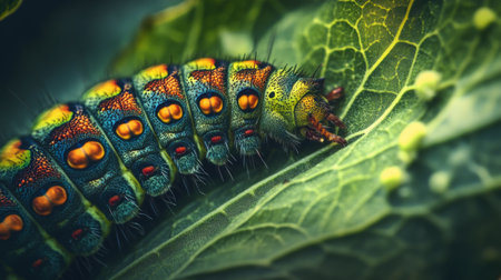 A vibrant close-up of a colorful caterpillar resting on a green leaf, showcasing intricate details and textures of nature. Perfect for nature lovers.の素材