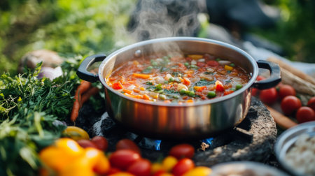 A vibrant vegetable stew in a pot, steaming over an open campfire in a natural setting. Fresh ingredients create a delicious outdoor meal experience.の素材