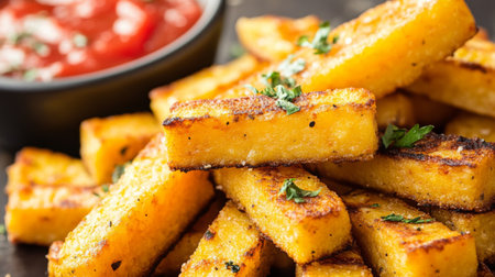 Appetizing golden crispy fries served with fresh tomato sauce, perfect for snacks or appetizers. A delightful dish for any occasion, showcasing texture and flavor.の素材