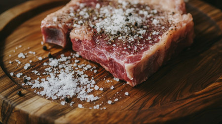 A closeup of a fresh cut steak resting on a rustic wooden board, garnished with salt and pepper, perfect for cooking or food preparation.の素材