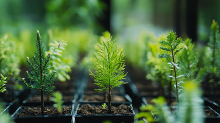 Green seedlings in nursery pots thrive under natural sunlight, showcasing the beauty of new life and sustainable growth in a nurturing environment.の素材