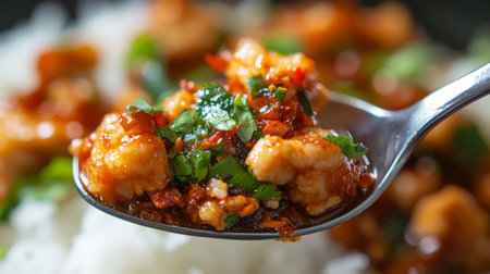 A close-up view of a spoonful of spicy chicken in a flavorful sauce, garnished with fresh herbs, served over a bed of rice. Perfect for food lovers!の素材