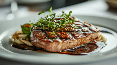 A beautifully plated grilled steak garnished with fresh herbs and a rich sauce. Ideal for food lovers, chefs, and culinary enthusiasts.の素材