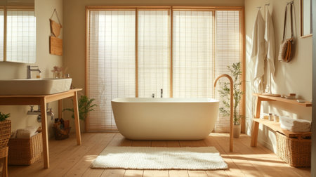 A serene and elegant minimalist bathroom featuring a stylish freestanding tub bathed in natural light. Perfect for creating a relaxing spa-like atmosphere.の素材