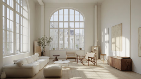 Modern living room featuring large windows and minimalist decor, filled with natural light. A serene space designed for comfort and style. Ideal for relaxation.の素材