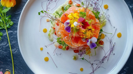 A stunning seafood dish showcasing fresh ingredients, vibrant edible flowers, and a colorful sauce, perfect for culinary presentations and dining experiences.の素材