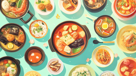 An enticing collection of various dishes showcasing vibrant colors and fresh ingredients. Perfect for food lovers and culinary enthusiasts.の素材