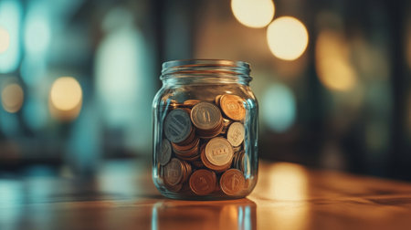 A close-up view of a glass jar filled with various coins, set against a softly blurred background. Ideal for themes of finance, savings, and investment.の素材