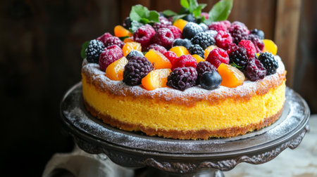 A scrumptious cheesecake adorned with fresh berries and oranges, perfect for celebrations or special occasions, served on an elegant stand.の素材