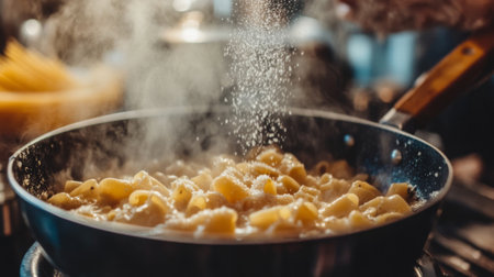 A close-up shot of pasta being cooked in a frying pan, surrounded by steam and seasoning. The scene captures the essence of culinary preparation and delightful flavors.の素材