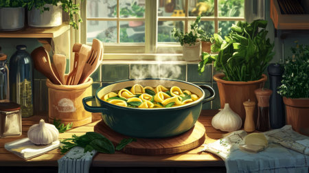 A cozy kitchen scene featuring a pot of fresh ingredients with steam rising. Sunlight streams through the window, adding warmth to the inviting atmosphere.の素材