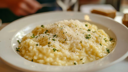 A delicious serving of creamy risotto topped with fresh herbs and grated cheese. Perfect for illustrating gourmet meals or comfort food concepts.の素材